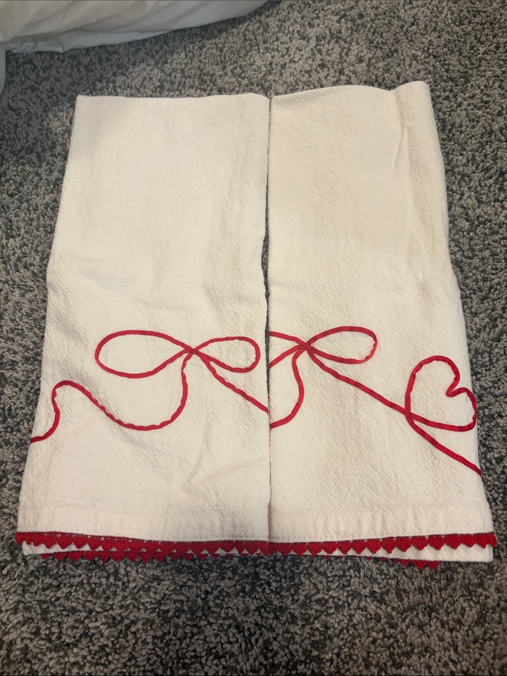 White Kitchen Towels with Red Bow & Heart Embroidery